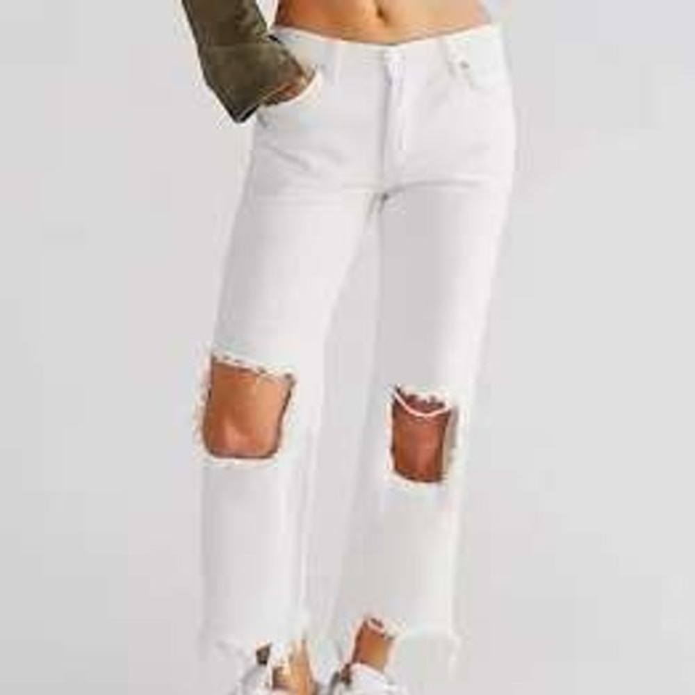 Free People Jeans Women 25 White Straight Leg We Denim Raw Hem Distressed